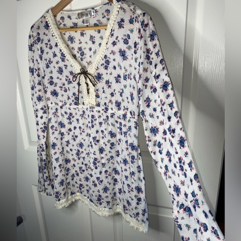 Decree White Cream and Blue Floral Lace Blouse, Cotton, Cottagecore